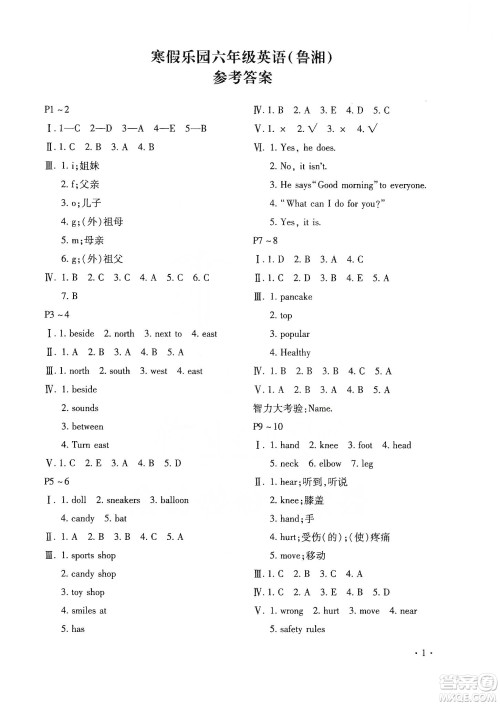 北京教育出版社2020寒假乐园六年级英语鲁湘版河南专用答案