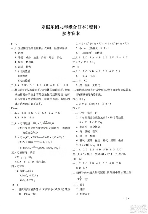 北京教育出版社2020寒假乐园理科九年级合订本河南专用答案