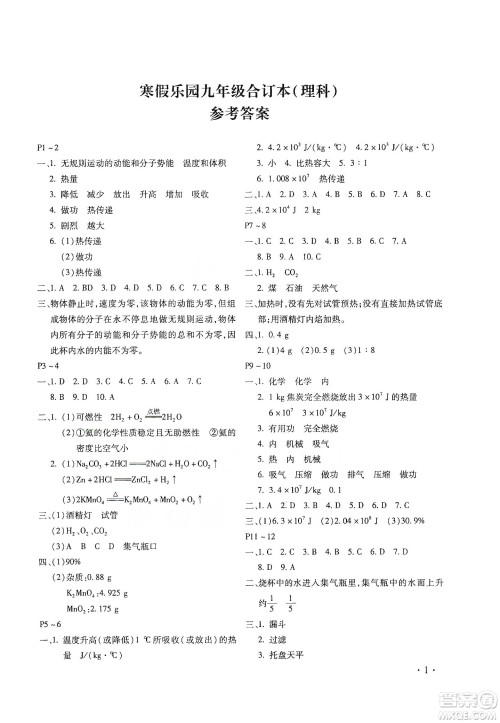 北京教育出版社2020寒假乐园理科九年级合订本河南专用答案