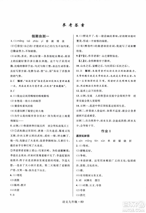 赢在起跑线2020年中学生快乐寒假语文9年级RJ人教版参考答案 赢在起跑线2020年中学生快乐寒假语文9年级RJ人教版参考答案