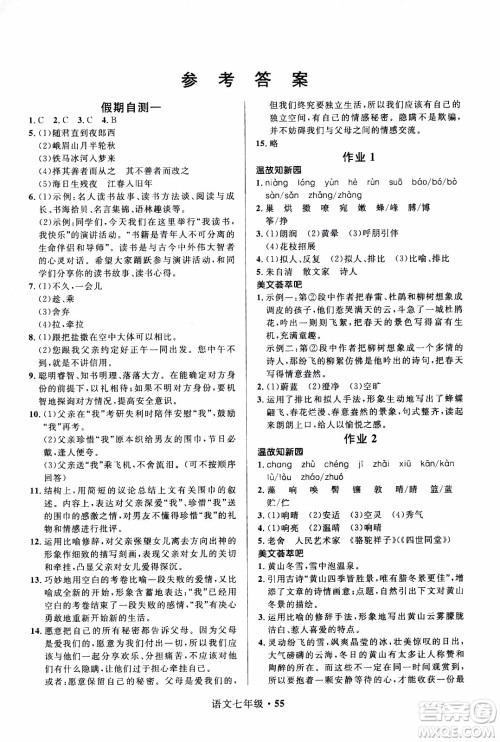 赢在起跑线2020年中学生快乐寒假语文7年级RJ人教版参考答案