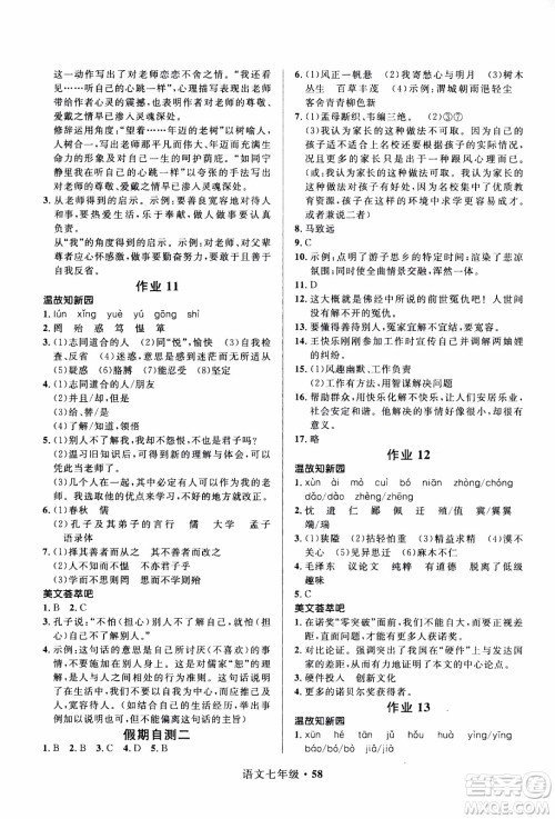 赢在起跑线2020年中学生快乐寒假语文7年级RJ人教版参考答案