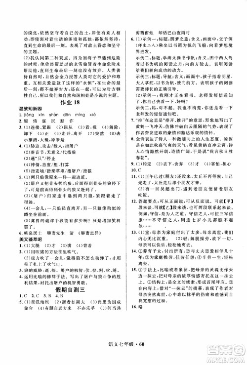 赢在起跑线2020年中学生快乐寒假语文7年级RJ人教版参考答案