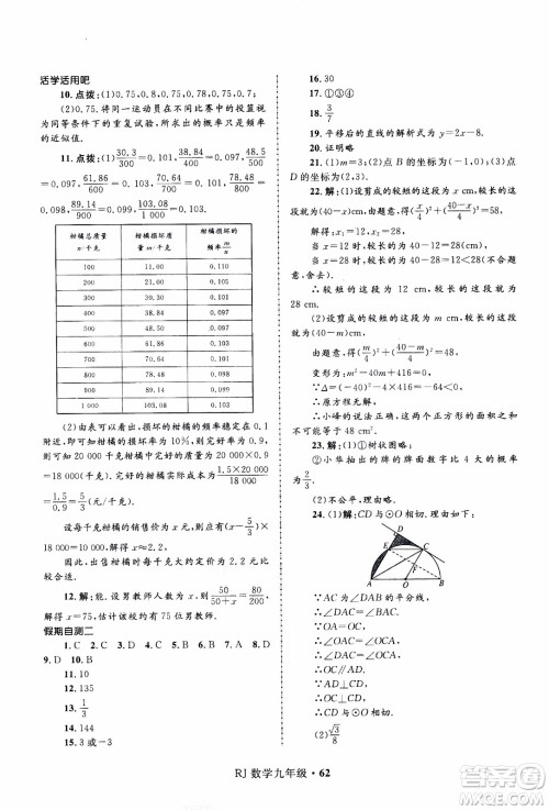 赢在起跑线2020年中学生快乐寒假数学9年级RJ人教版参考答案