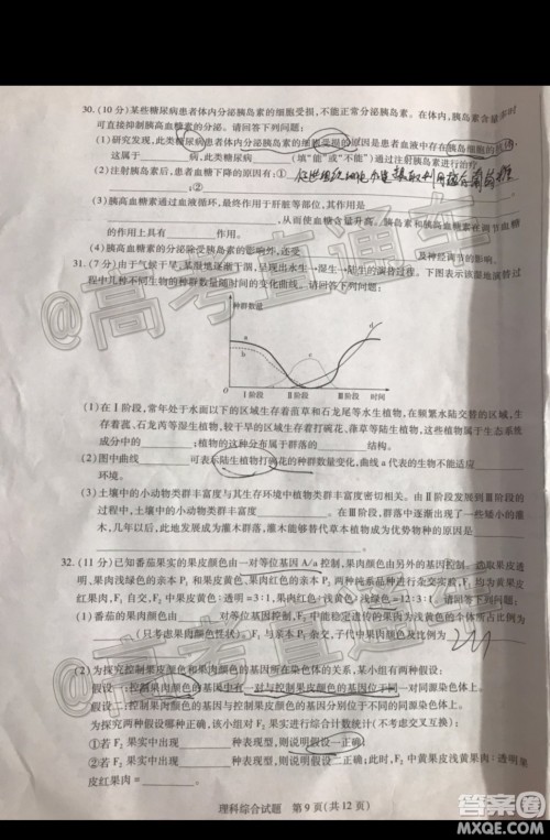 天一大联考2019-2020学年高三上学期期末考试理科综合试题及答案