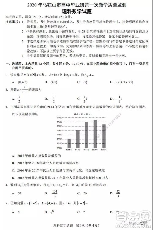 2020年马鞍山市高中毕业班第一次教学质量监测理科数学试题及答案