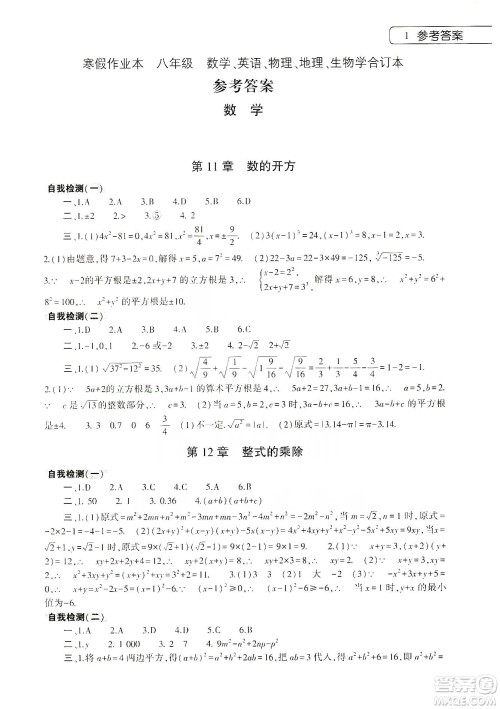 大象出版社2020寒假作业本八年级数学英语物理地理生物学合订本答案