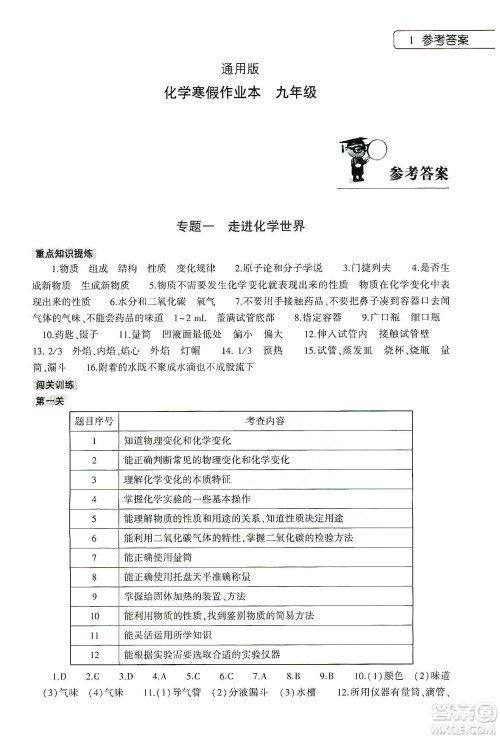 大象出版社2020化学寒假作业本九年级通用版答案