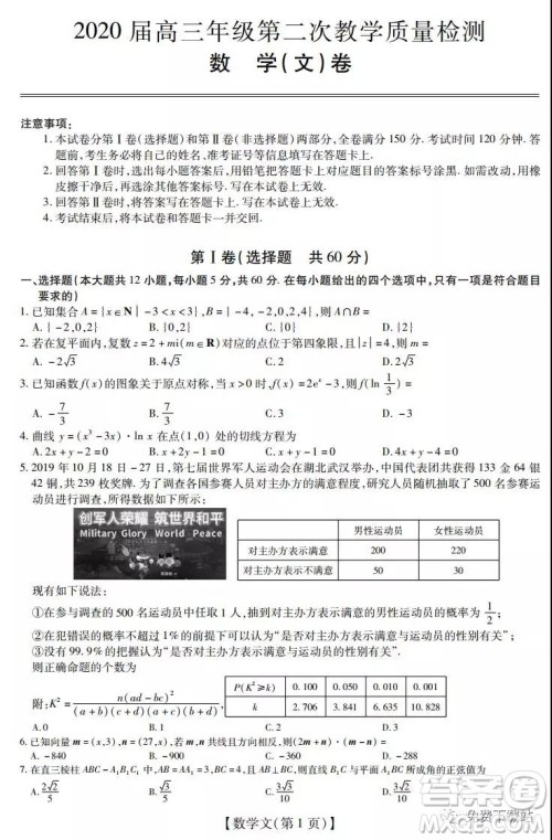 深圳2020届高三年级第二次教学质量检测文科数学试题及答案 深圳2020届高三年级第二次教学质量检测文科数学试题及答案