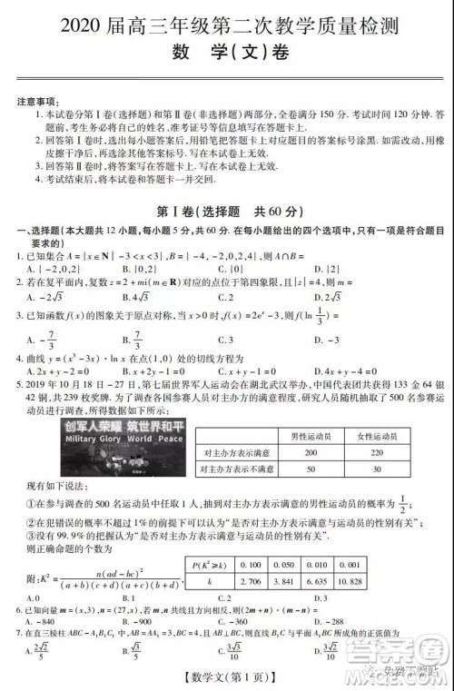 深圳2020届高三年级第二次教学质量检测文科数学试题及答案
