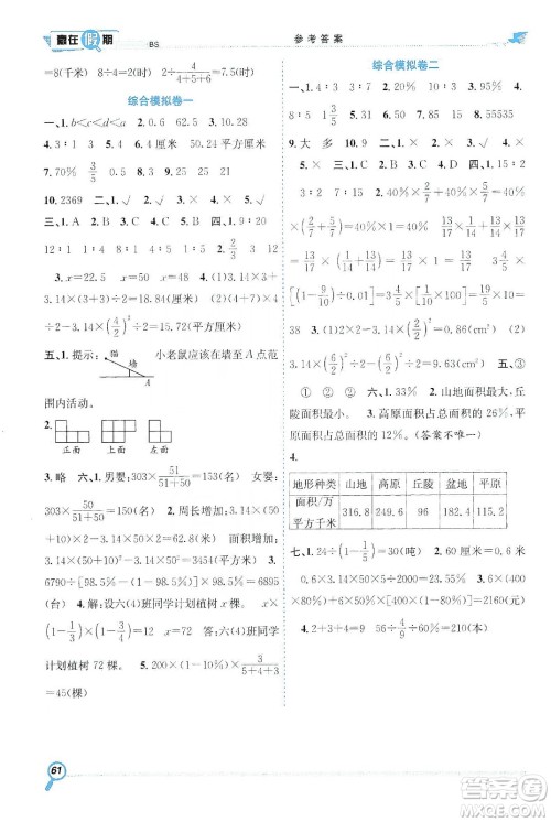 合肥工业大学出版社2020宏龙寒假学期总复习赢在假期六年级数学北师大版答案