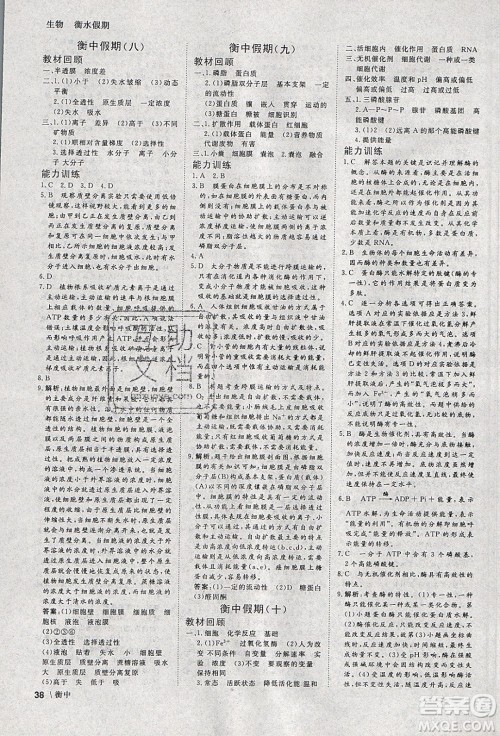 光明日报出版社2020年衡水假期寒假作业高一生物参考答案