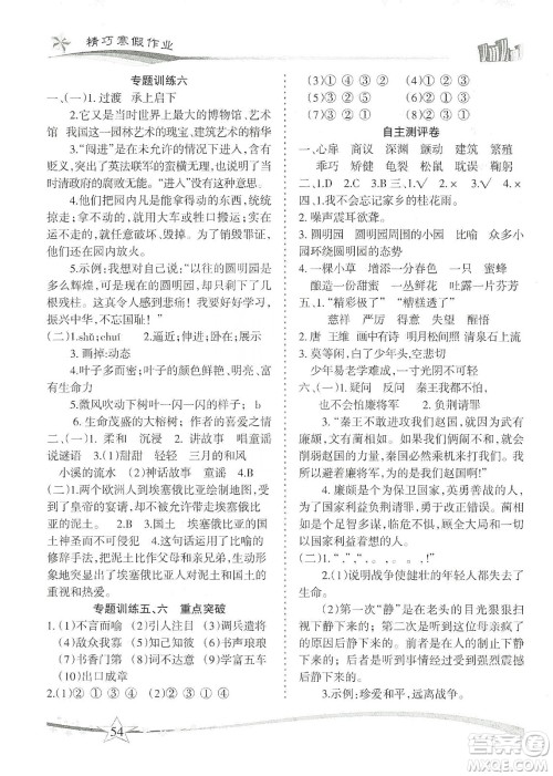 云南美术出版社2020精巧寒假作业专题训练与重点突破五年级语文人教版答案