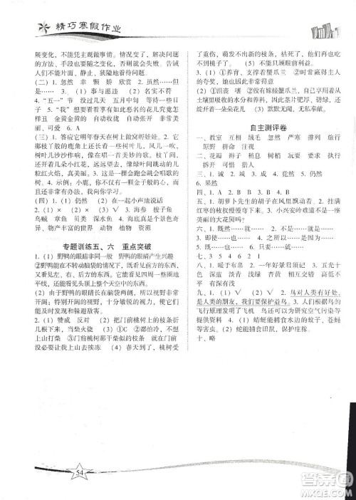 云南美术出版社2020精巧寒假作业专题训练与期末总复习三年级语文人教版答案