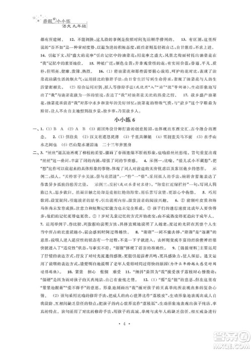 江苏凤凰科学技术出版社2020寒假小小练九年级语文数学英语物理化学合订本答案