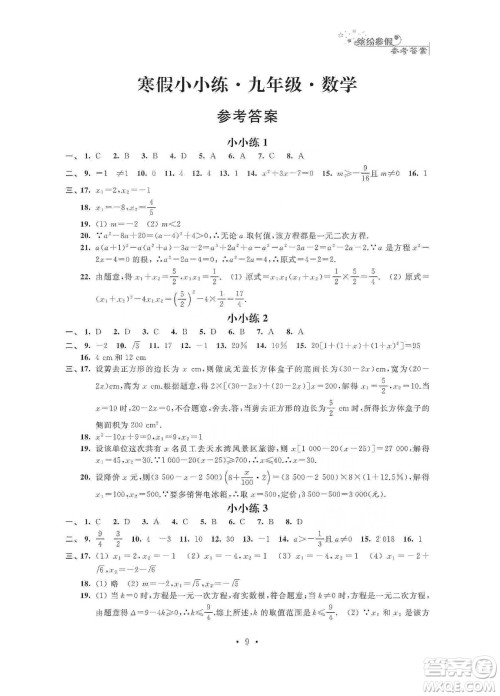 江苏凤凰科学技术出版社2020寒假小小练九年级语文数学英语物理化学合订本答案