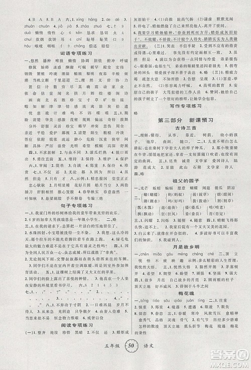 爱博教育2020年第三学期寒假衔五年级语文R人教版参考答案