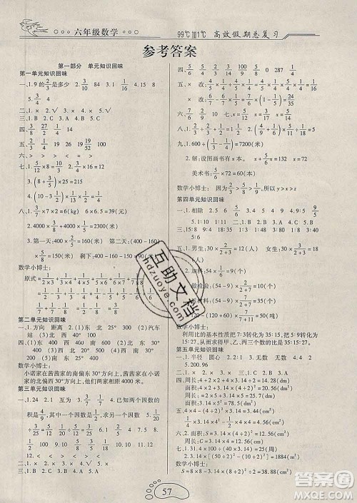 2020年本土教辅赢在寒假高效假期总复习六年级数学人教版答案