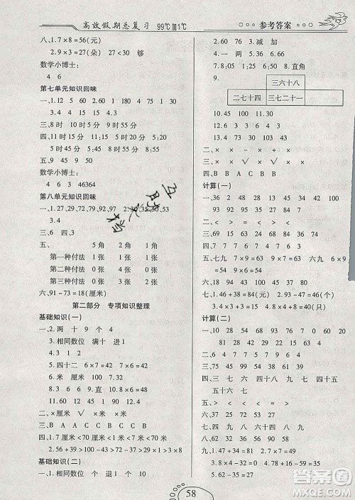 2020年本土教辅赢在寒假高效假期总复习二年级数学人教版答案