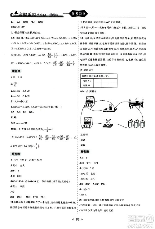 辽宁师范大学出版社2020年寒假乐园九年级理科版参考答案