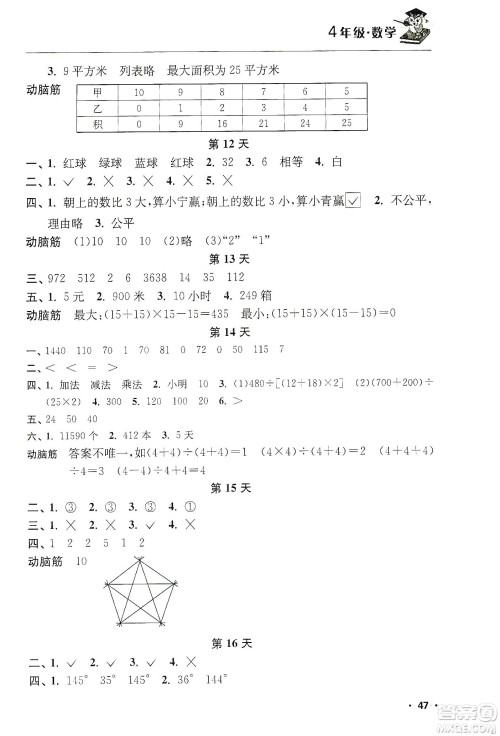 江苏人民出版社2020寒假益智训练营4年级数学答案