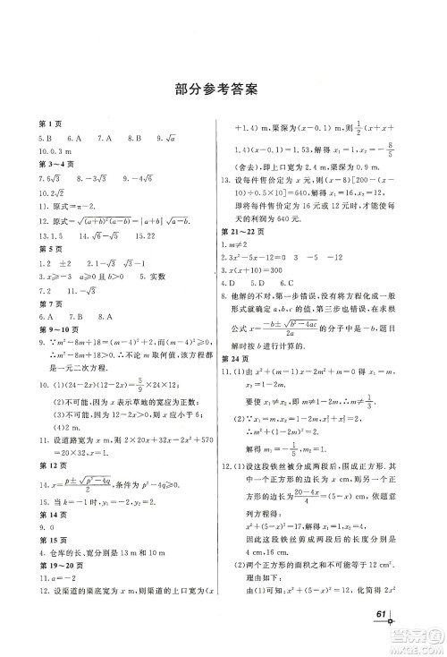 北京教育出版社2020新课堂假期生活寒假用书九年级数学华东师大版答案