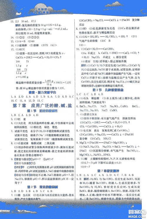 江苏人民出版社2020实验班提优课堂九年级化学下册沪教SHJY版答案