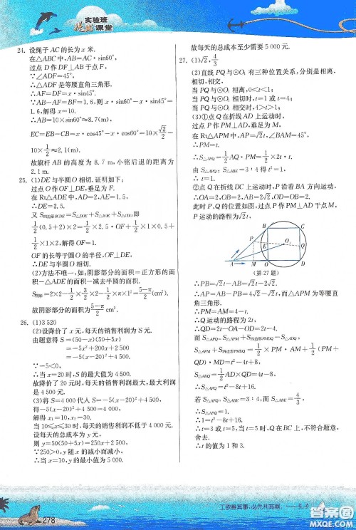 江苏人民出版社2020实验班提优课堂九年级数学下册江苏科教版答案