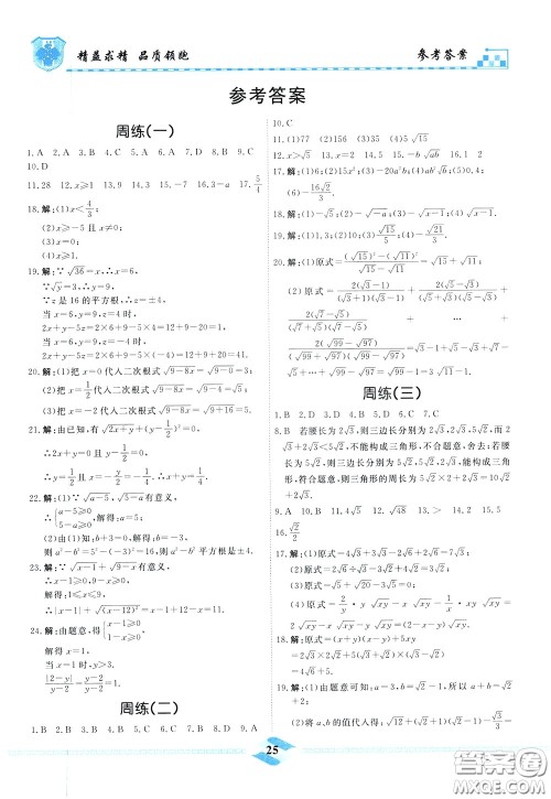 天津人民出版社2020年一飞冲天课时作业八年级下册数学周练参考答案