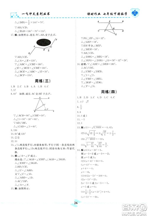 天津人民出版社2020年一飞冲天课时作业七年级下册数学周练参考答案