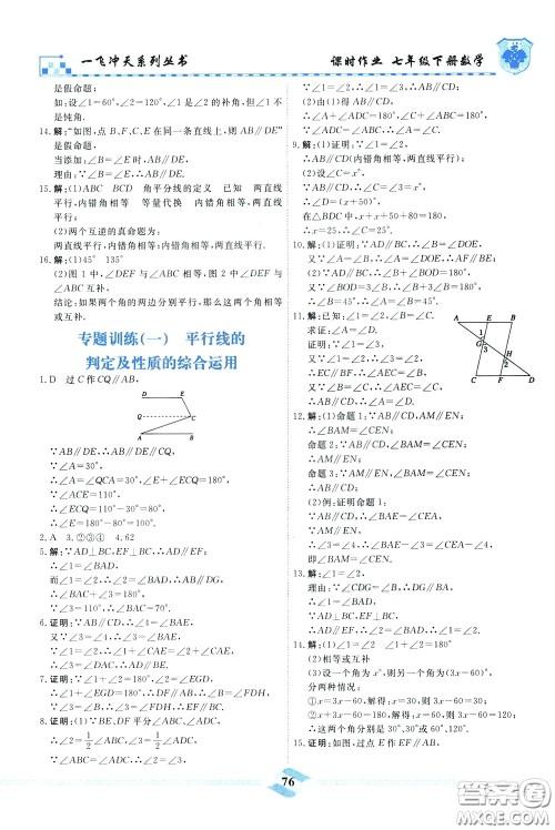 天津人民出版社2020年一飞冲天课时作业七年级下册数学参考答案