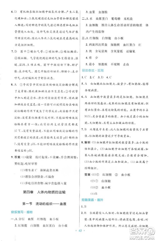 人民教育出版社2020初中同步测控优化设计七年级生物学下册人教版答案