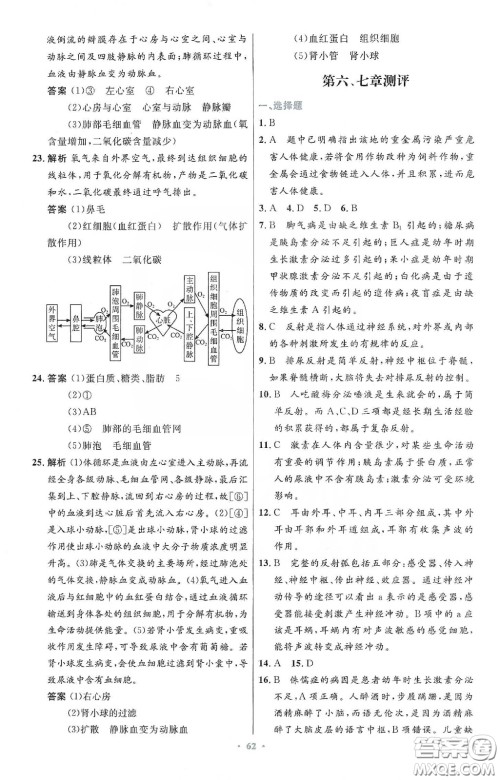 人民教育出版社2020初中同步测控优化设计七年级生物学下册人教版答案