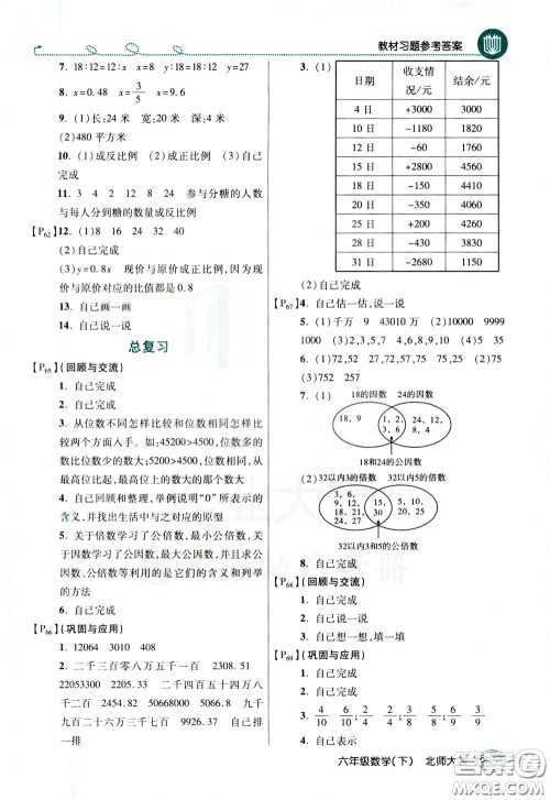 万向思维2020年倍速学习法教材导学练六年级数学下北师大版参考答案