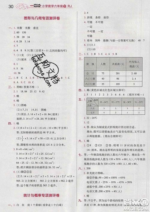 天星教育2020年一遍过小学数学六年级下册人教版答案