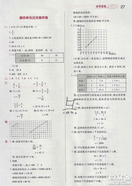 天星教育2020年一遍过小学数学六年级下册人教版答案