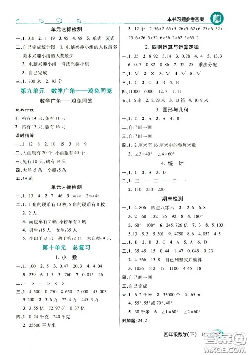 万向思维2020年倍速学习法教材导学练四年级数学下RJ人教版参考答案