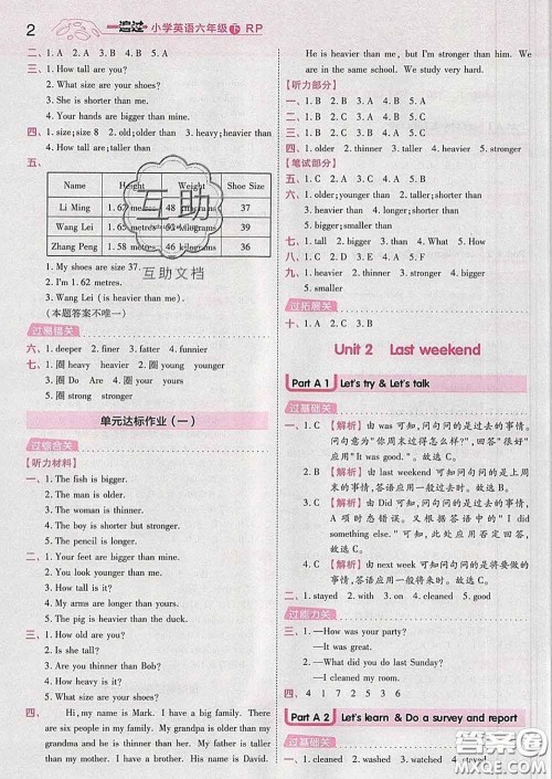 天星教育2020年一遍过小学英语六年级下册人教版答案