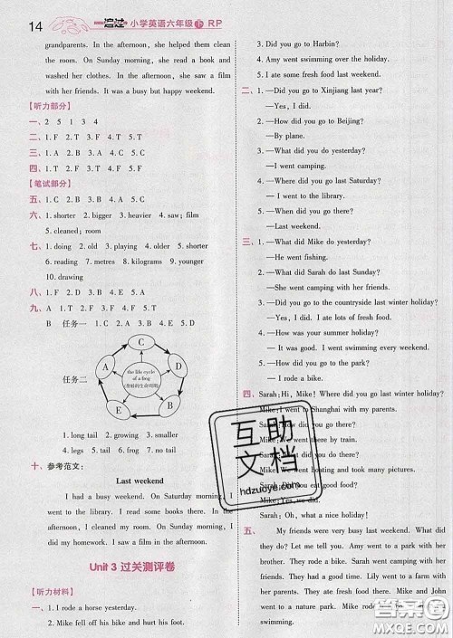 天星教育2020年一遍过小学英语六年级下册人教版答案