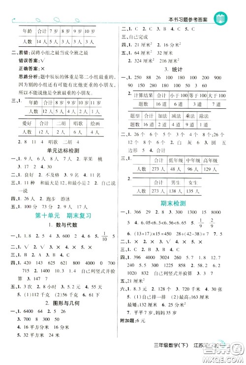 万向思维2020年倍速学习法教材导学练三年级数学下江苏版参考答案