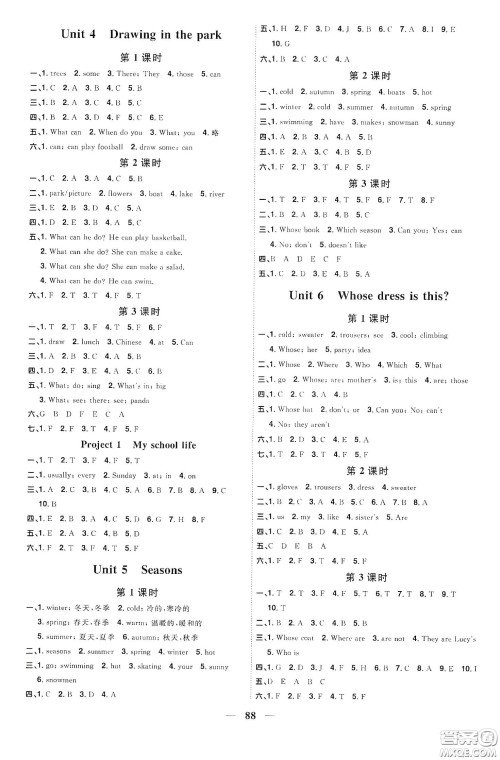 宇轩图书2020春阳光同学课时优化作业四年级英语下册译林版江苏适用答案 宇轩图书2020春阳光同学课时优化作业四年级英语下册译林版江苏适用答案