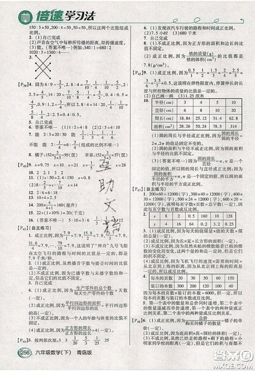 万向思维2020年倍速学习法教材导学练六年级数学下青岛版参考答案