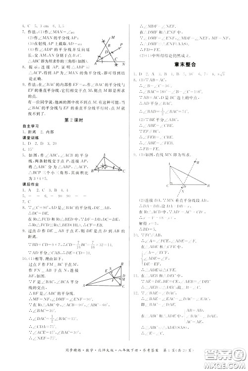 名师小课堂2020年同步精炼数学八年级下册北师大版参考答案