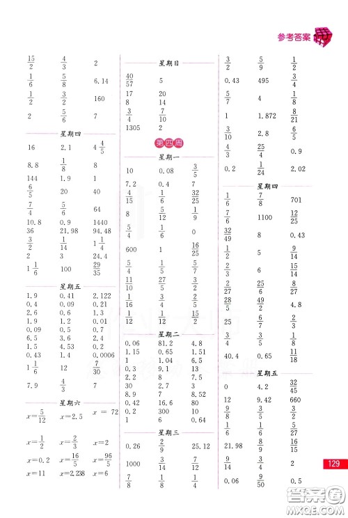 名师点拨2020年口算练习册六年级下参考答案 名师点拨2020年口算练习册六年级下参考答案
