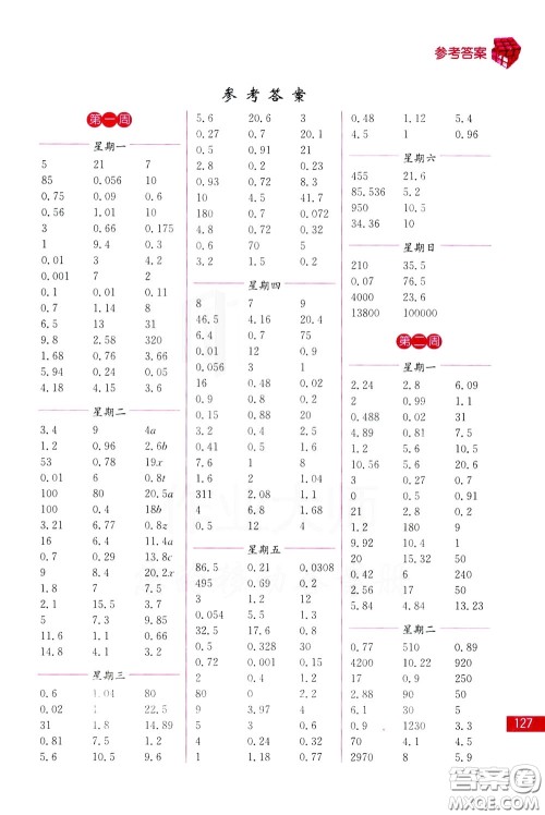 名师点拨2020年口算练习册五年级下参考答案 名师点拨2020年口算练习册五年级下参考答案