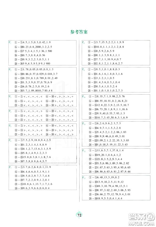 2020年计算小能手口算题卡四年级下BS北师版参考答案