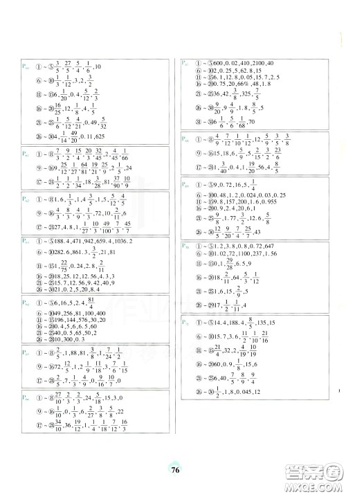 2020年计算小能手口算题卡六年级下RJ人教版参考答案