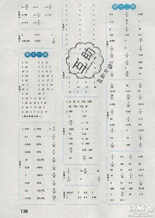 2020年经纶学典口算达人六年级数学下册江苏版答案