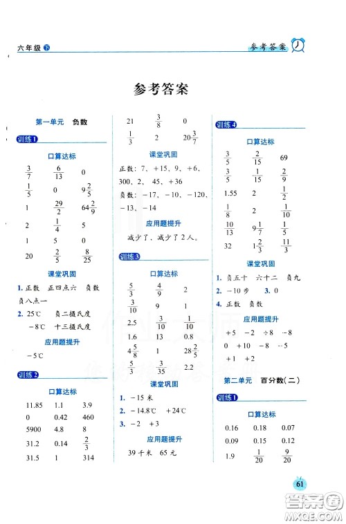 2020年小学数学培优版口算达标天天练六年级下人教课标版参考答案