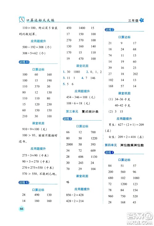 2020年小学数学培优版口算达标天天练三年级下人教课标版参考答案